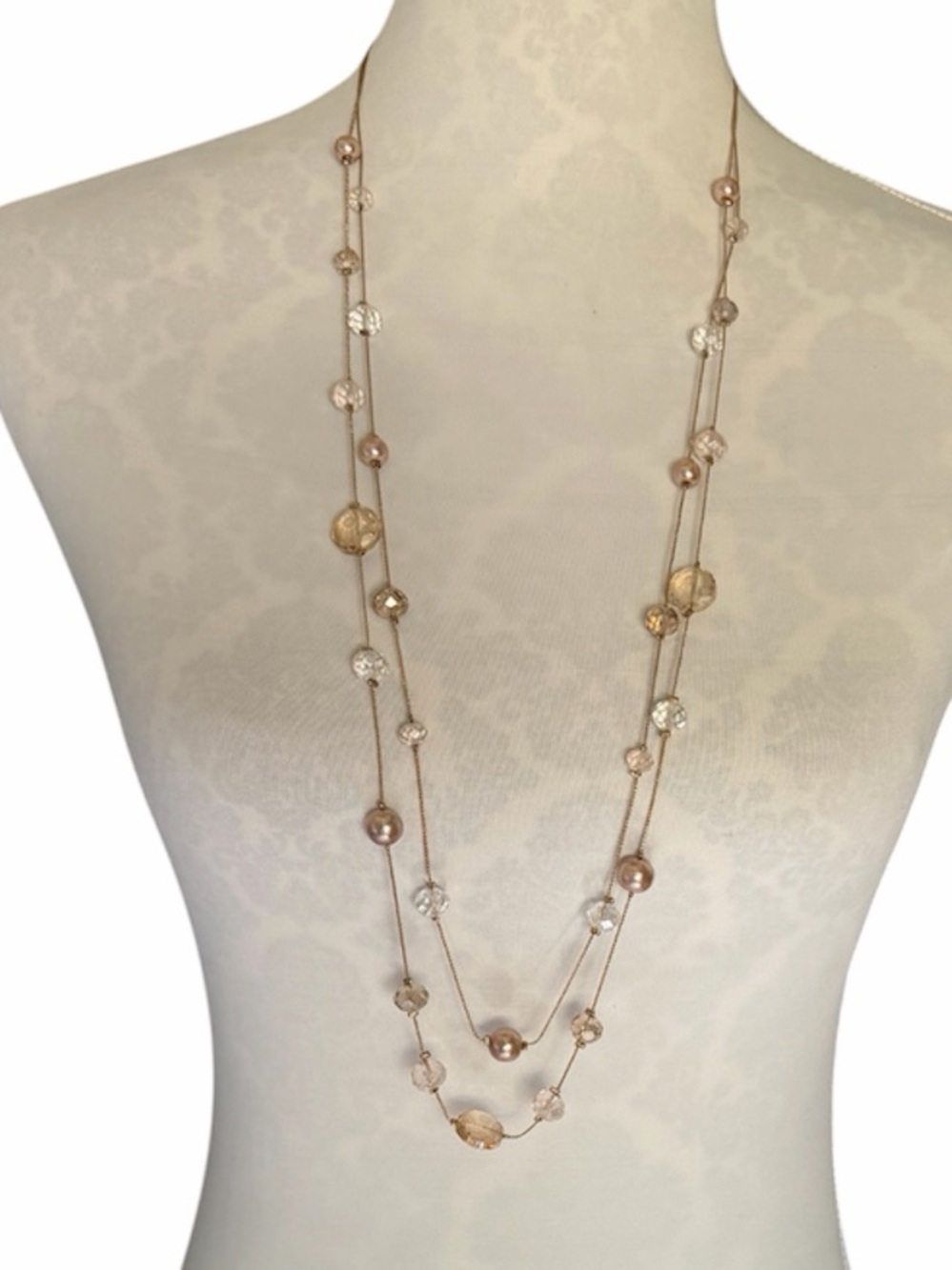 LOFT Gold Tone Double Strand Station Necklace | Neutral Beaded Layered Necklace